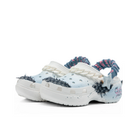 Custom Crocs White Light Blue With Denim And Black Checked Fabric