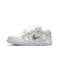 Custom Air Jordan 1 Light Grey White Flower Pattern&Embroidery Wedding Shoes