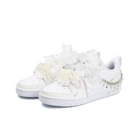 Custom Air Jordan 1 White Pearl Chain Lace Bow Wedding Shoes