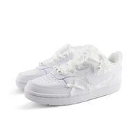 Custom Air Jordan 1 White Lace Bow Pearls Wedding Shoes