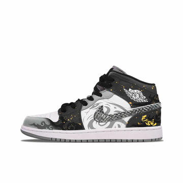 Custom Air Jordan 1 Black Grey Snake Theme Gold Ink Splash