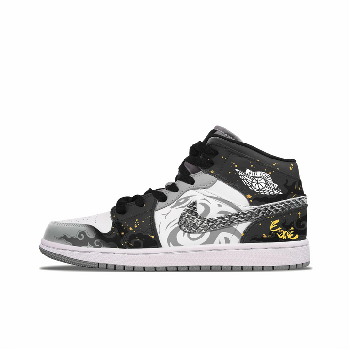 Custom Air Jordan 1 Black Grey Snake Theme Gold Ink Splash