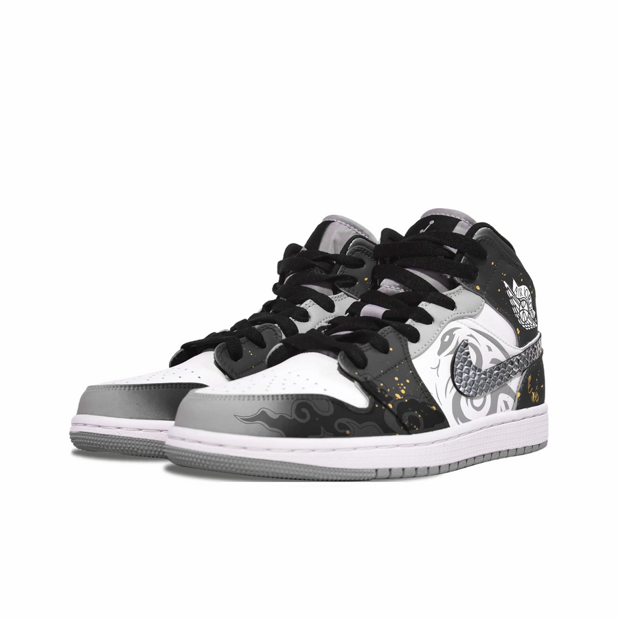 Custom Air Jordan 1 Black Grey Snake Theme Gold Ink Splash