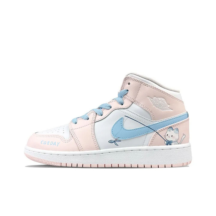 Custom Air Jordan 1 Pink Blue Kitten Fishing Cartoon