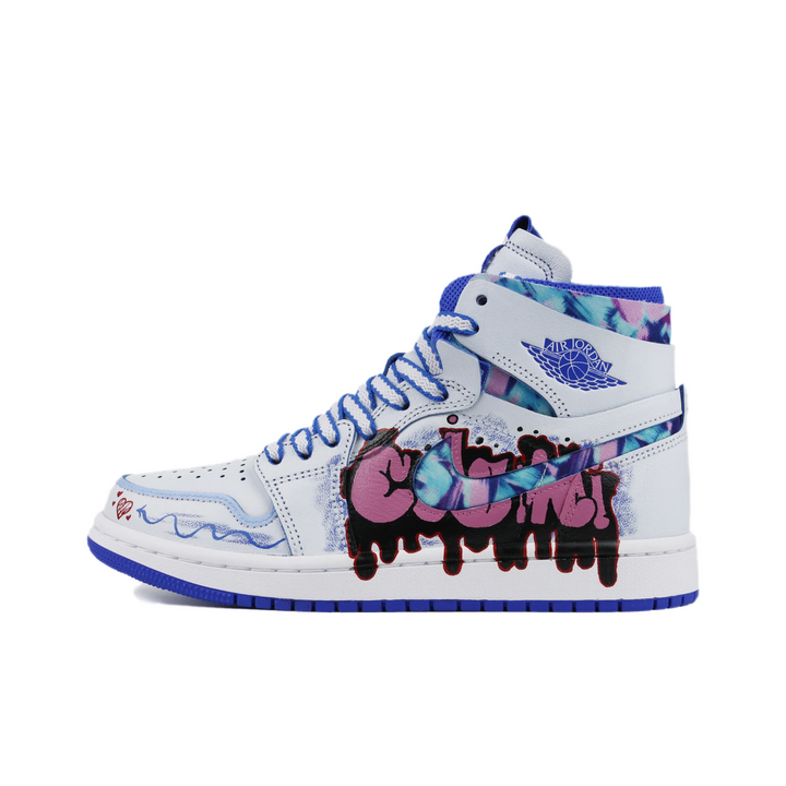 Custom Air Jordan 1 Blue White Dull Pink Fonts Graffiti