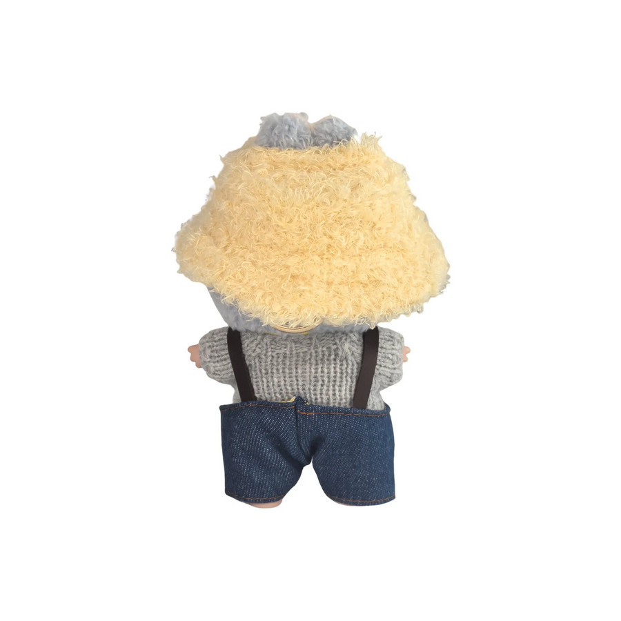 Custom Labubu Beige Plush Hat Gray Sweater Dark Blue Overalls