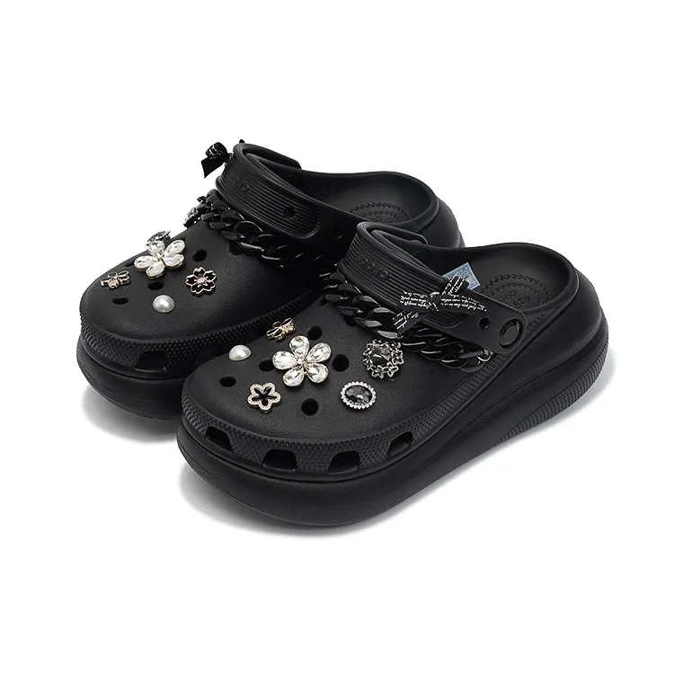 Custom Crocs Black Shoes With Flower Diamond Decoration