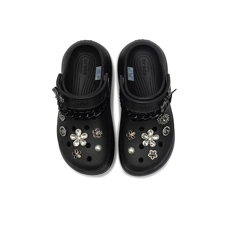 Custom Crocs Black Shoes With Flower Diamond Decoration