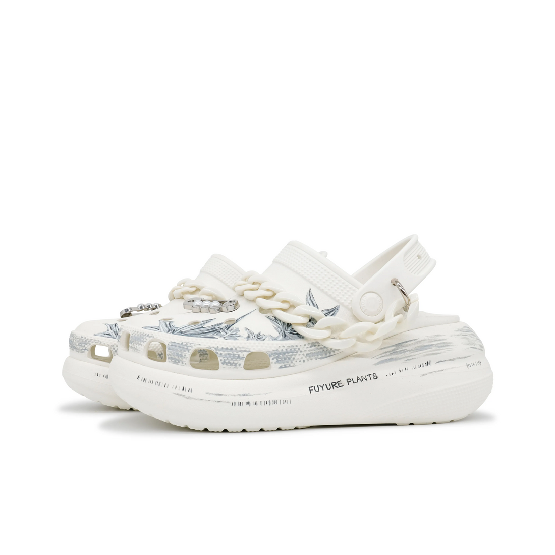 Custom Crocs White Gray Hand Drawn Flowers