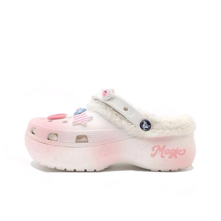 Custom Crocs White Pink Plush With Cartoon Decorations