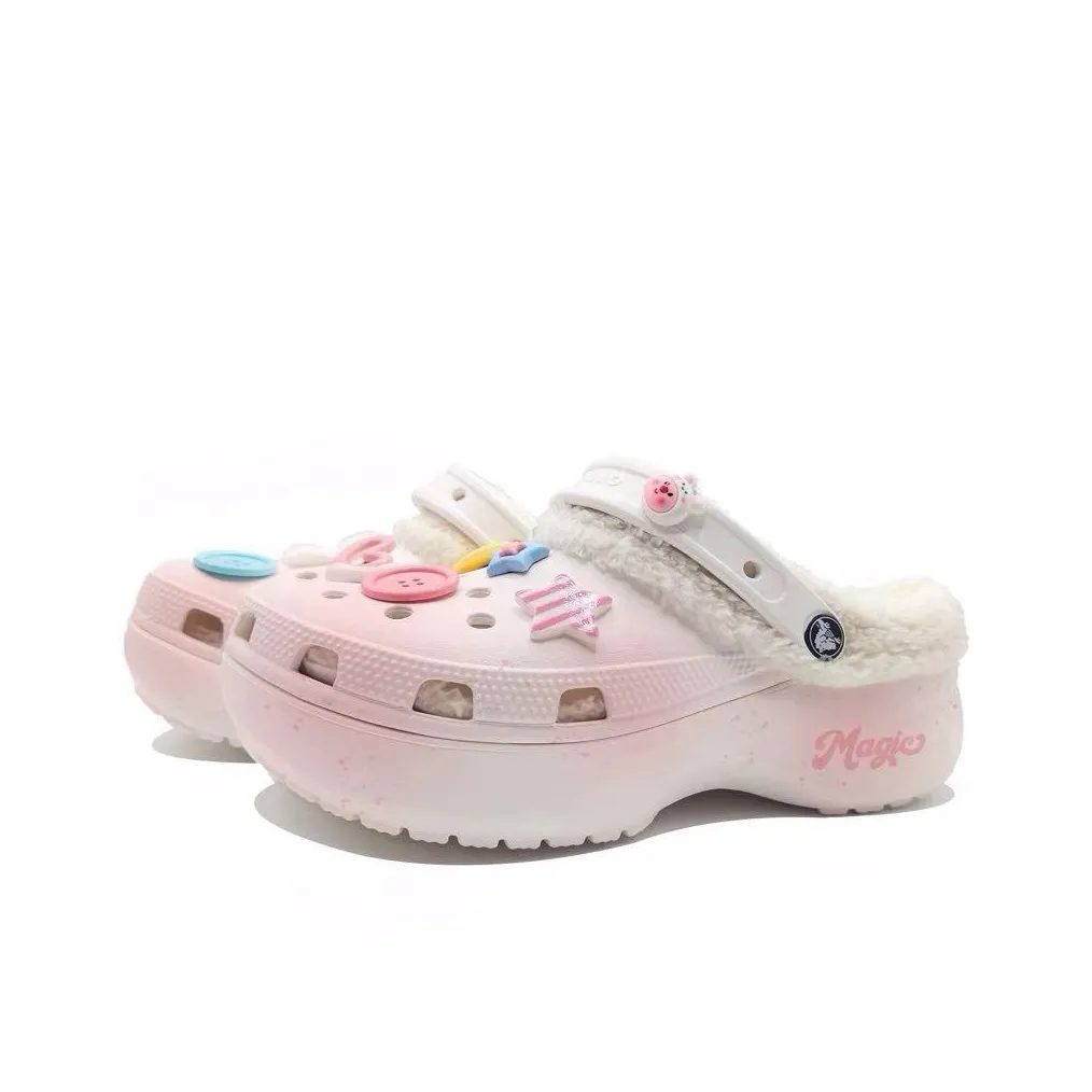 Custom Crocs White Pink Plush With Cartoon Decorations
