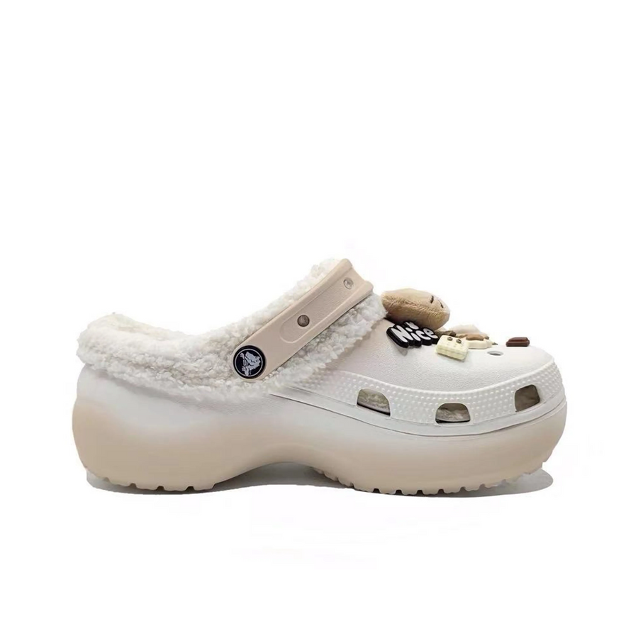 Custom Crocs White Plush With Milky Brown Cartoon Cat Decoration