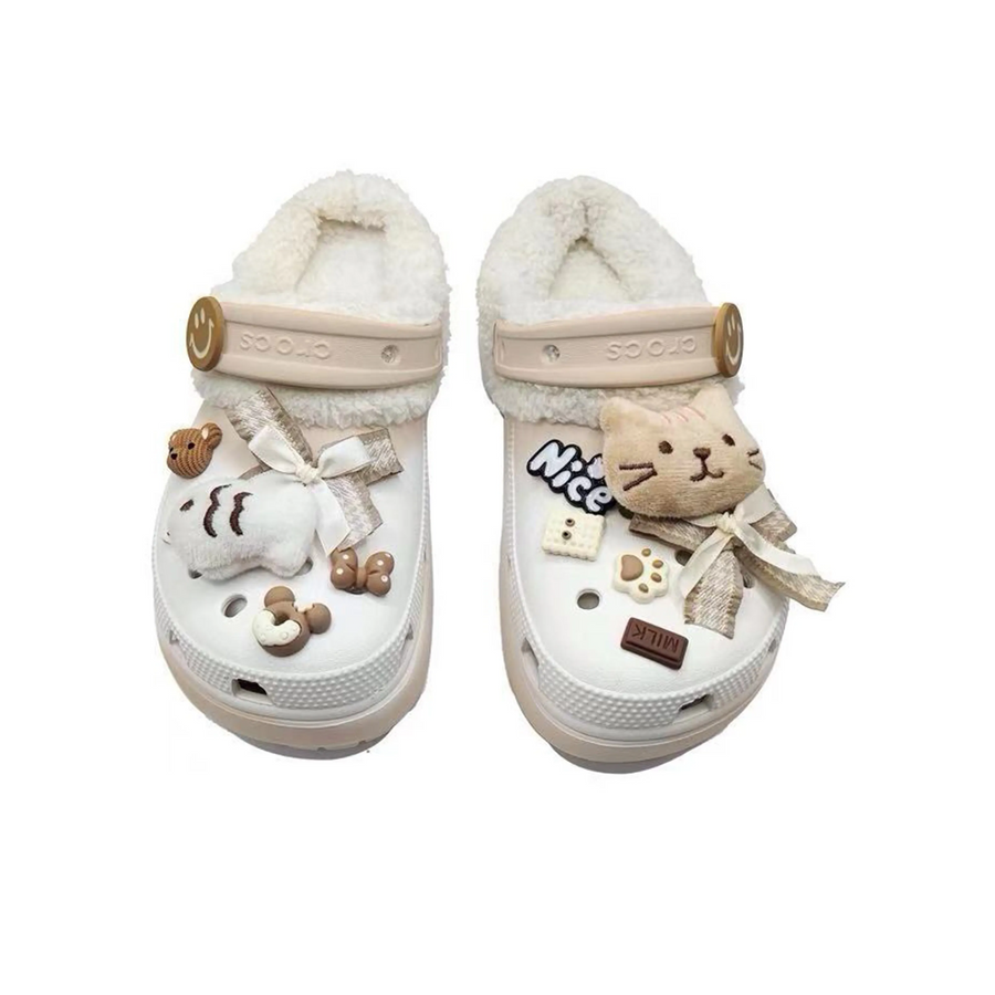 Custom Crocs White Plush With Milky Brown Cartoon Cat Decoration