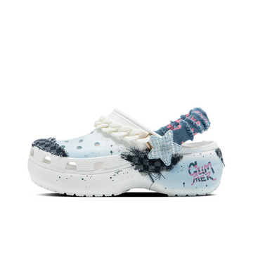 Custom Crocs White Light Blue With Denim And Black Checked Fabric