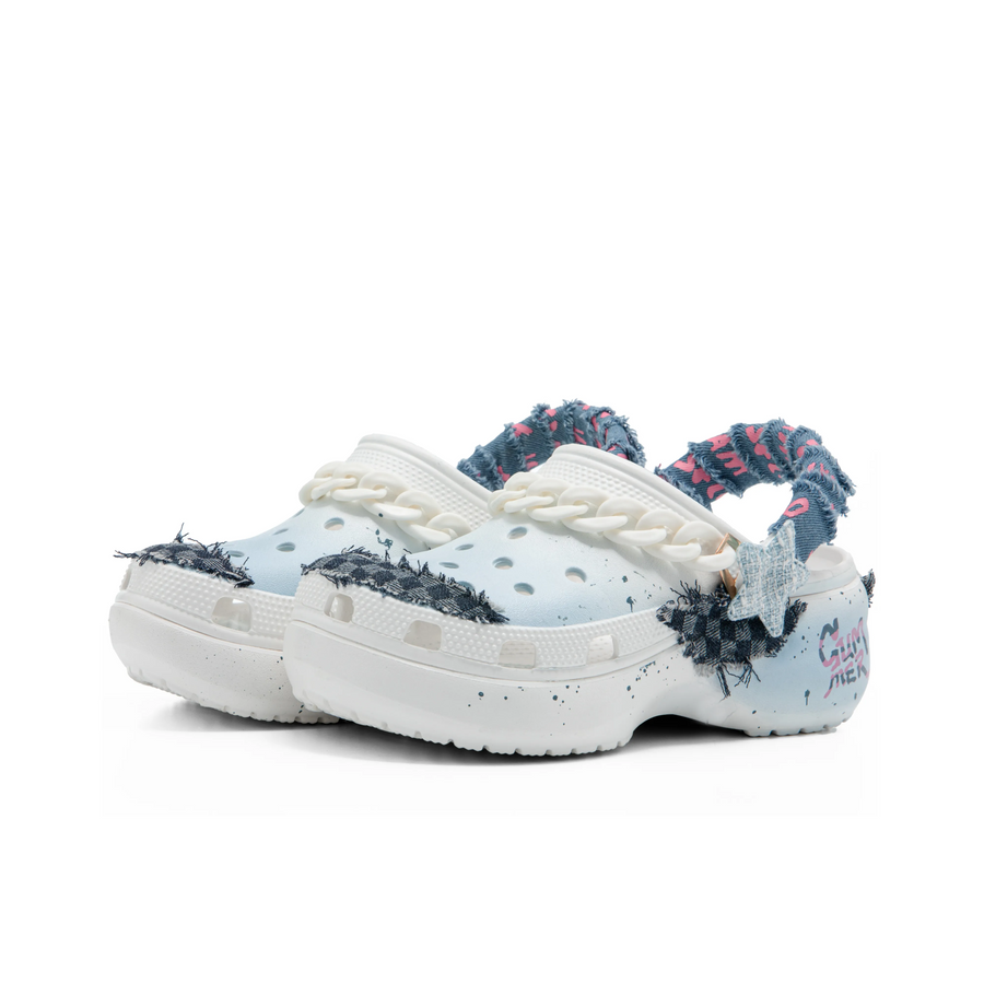 Custom Crocs White Light Blue With Denim And Black Checked Fabric