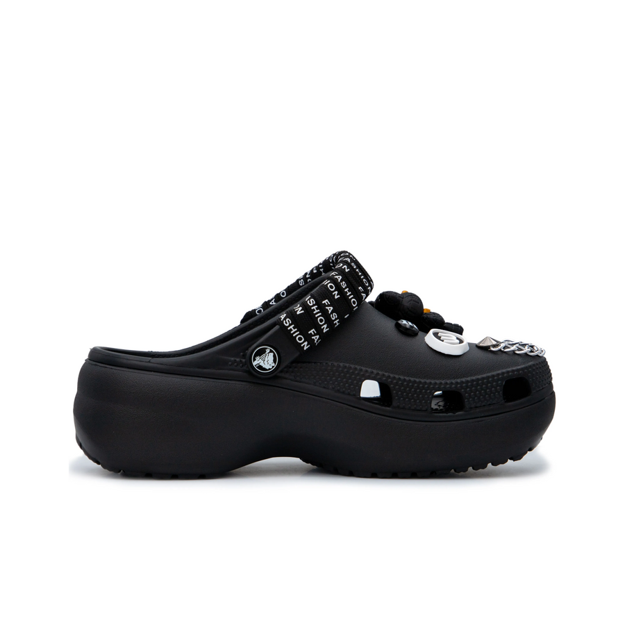 Custom Crocs Black Shoes Shoelaces Wrapped With Black White Decorations