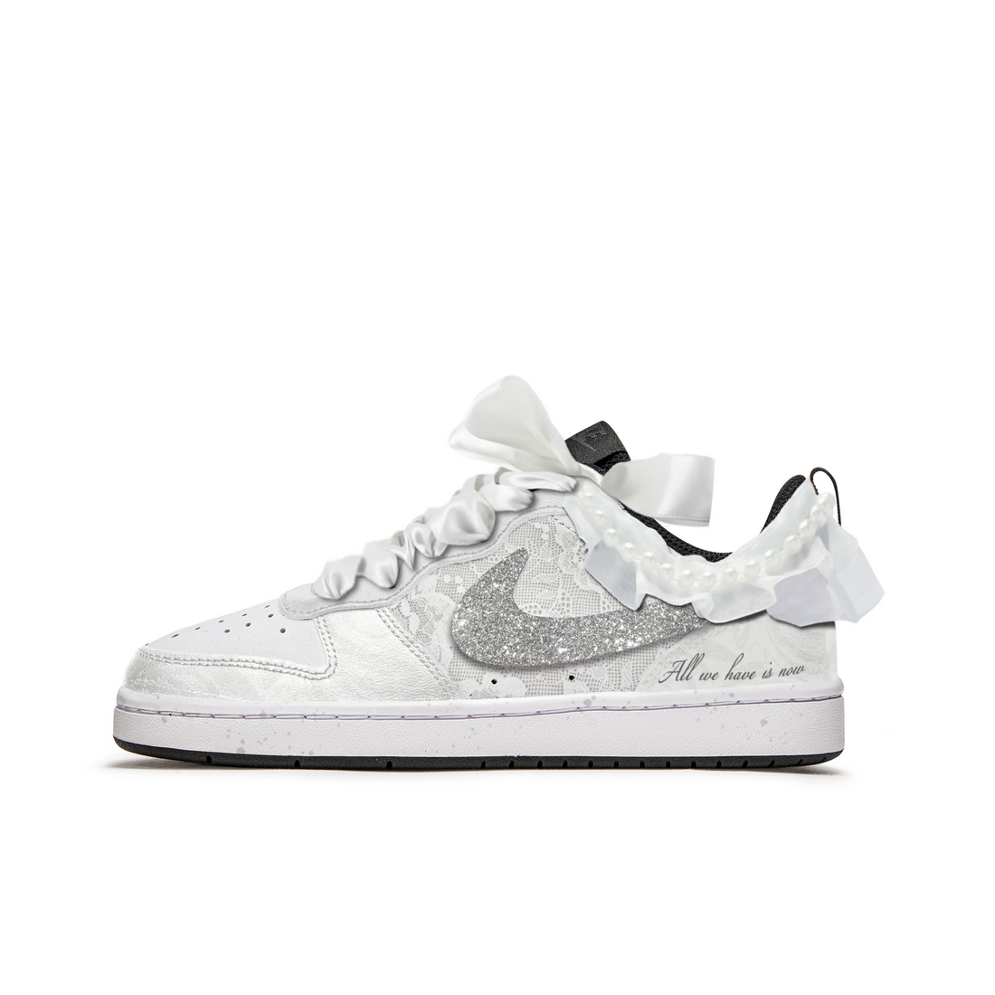 Custom Air Jordan 1 White Sliver Diamonds Lace Wedding Shoes