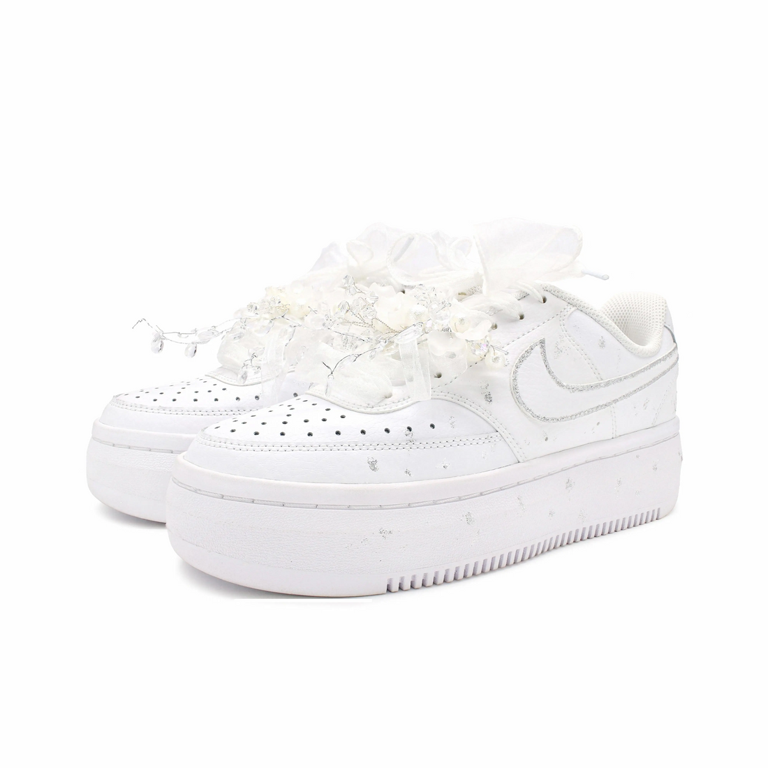 Custom Court White Sequined Crystal Flowers Lace Wedding Shoes