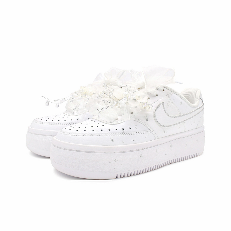 Custom Court White Sequined Crystal Flowers Lace Wedding Shoes