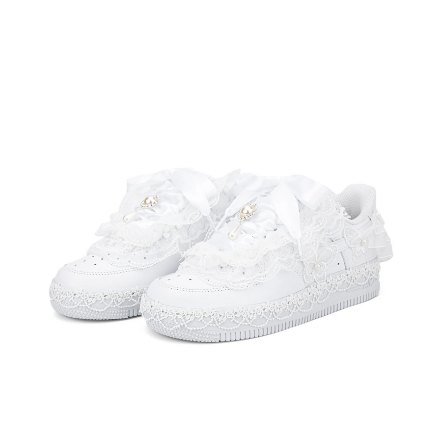 Custom Air Force 1 White Butterflies Pearls Lace Wedding Shoes
