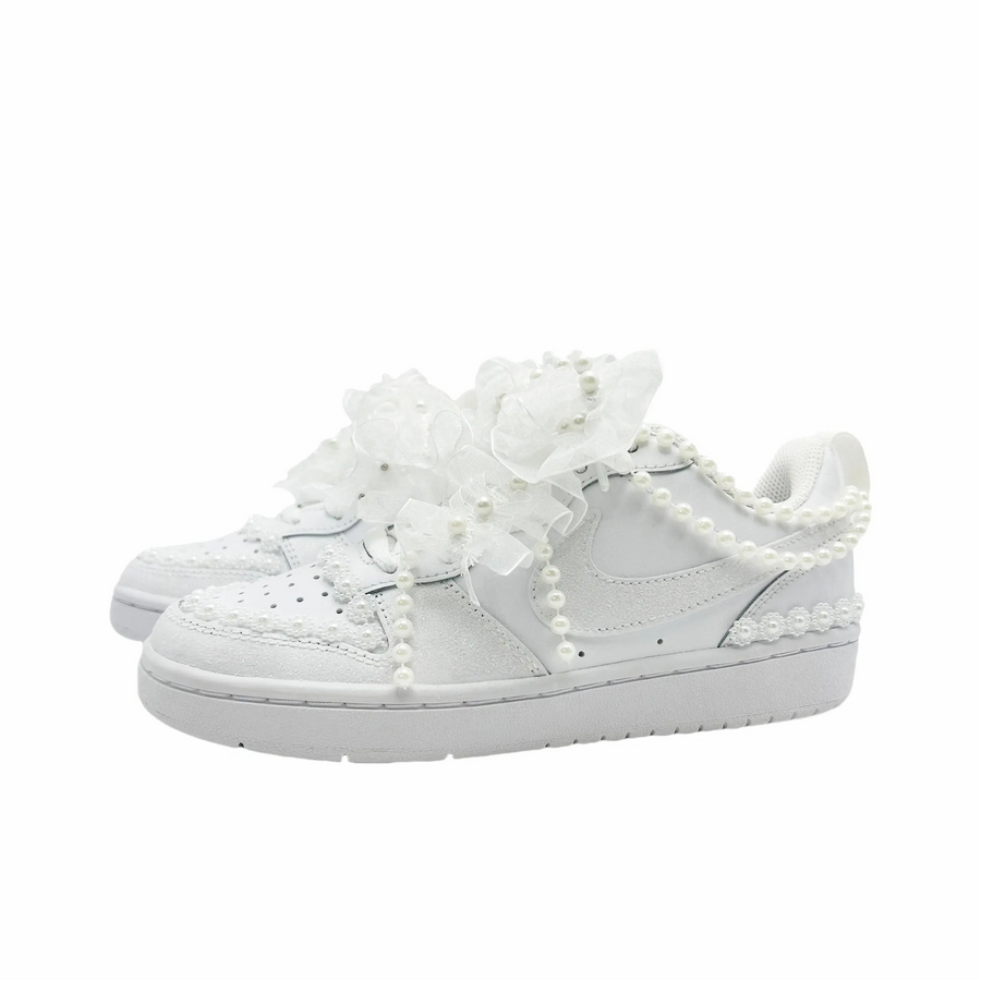 Custom Air Jordan 1 White Pearls Lace Wedding Shoes