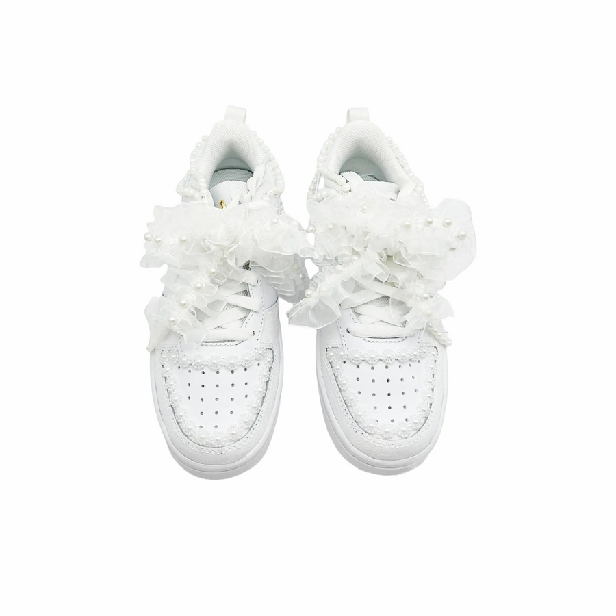 Custom Air Jordan 1 White Pearls Lace Wedding Shoes
