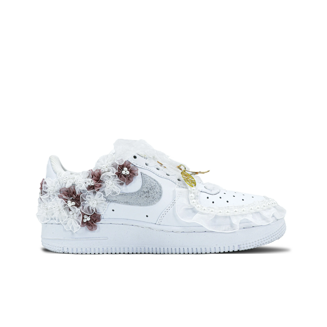 Custom Air Force 1 Grey White Khaki Lace Material Flowers Wedding Shoes