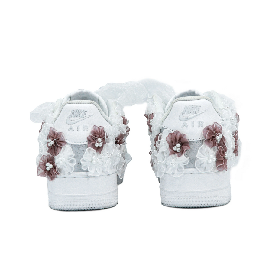 Custom Air Force 1 Grey White Khaki Lace Material Flowers Wedding Shoes