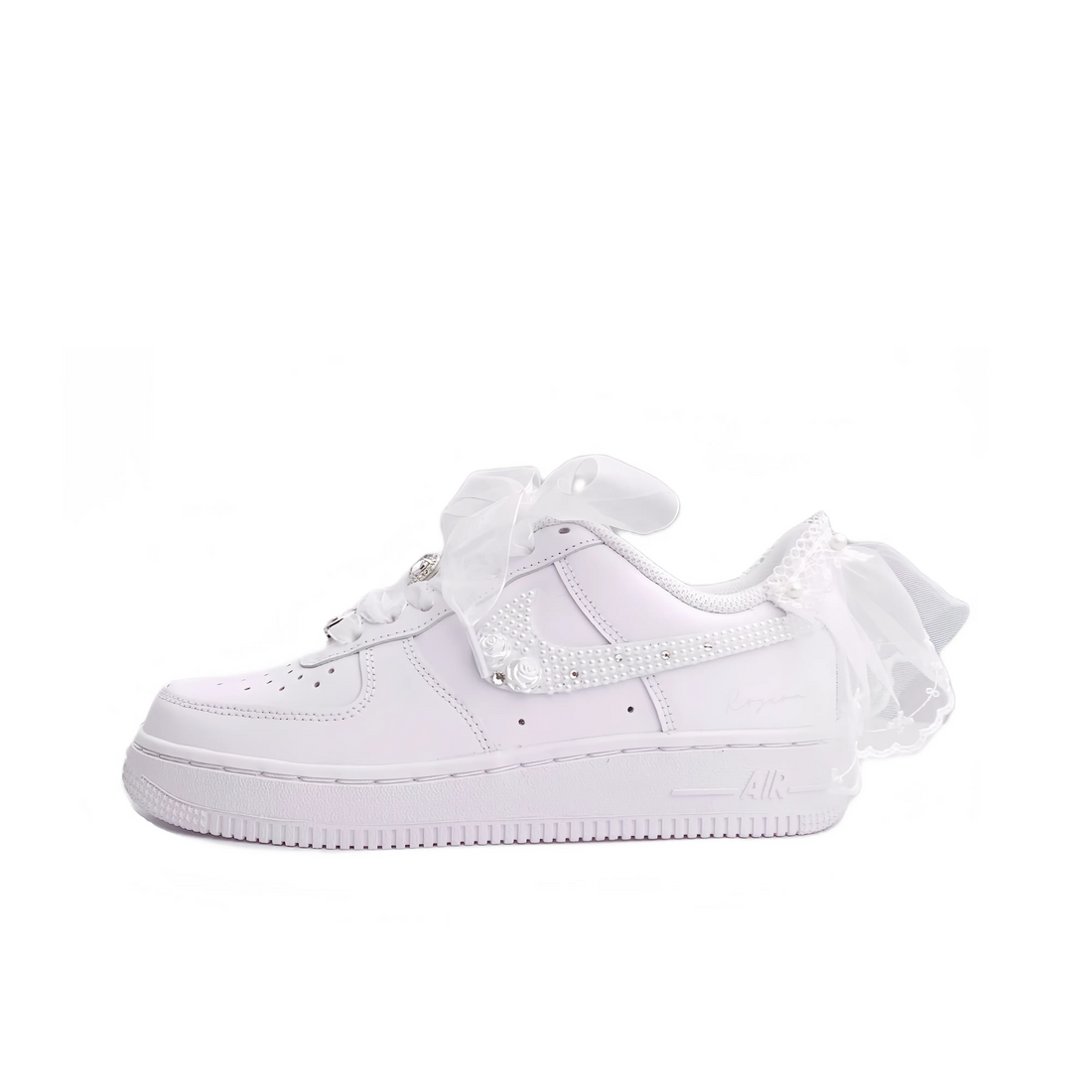 Custom Air Force 1 White Pearls Diamonds Lace Wedding Shoes