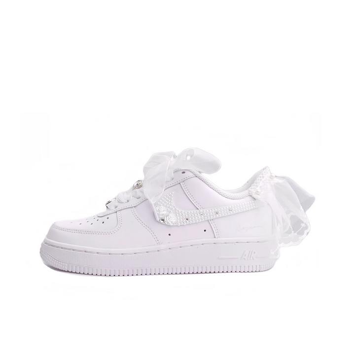 Custom Air Force 1 White Pearls Diamonds Lace Wedding Shoes