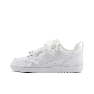 Custom Air Jordan 1 White Lace Pearls Bow Wedding Shoes