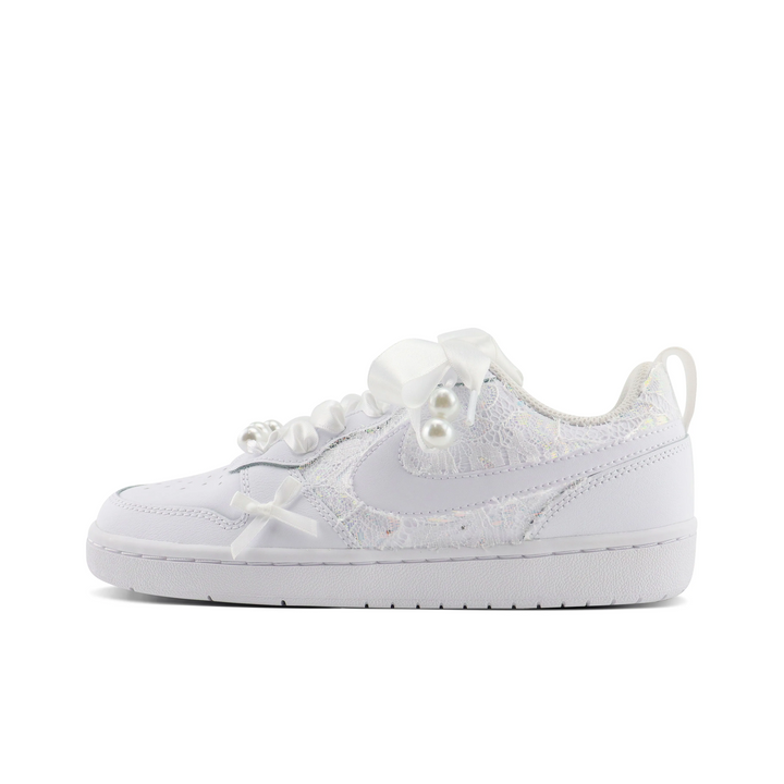 Custom Air Jordan 1 White Lace Pearls Bow Wedding Shoes