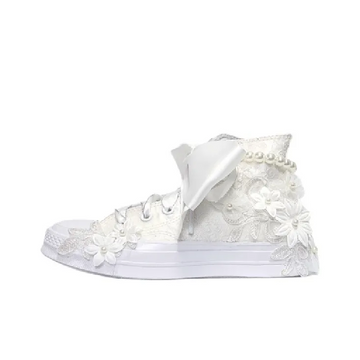 Custom Converse White Flower Embroidery Lace Pearls Wedding Shoes