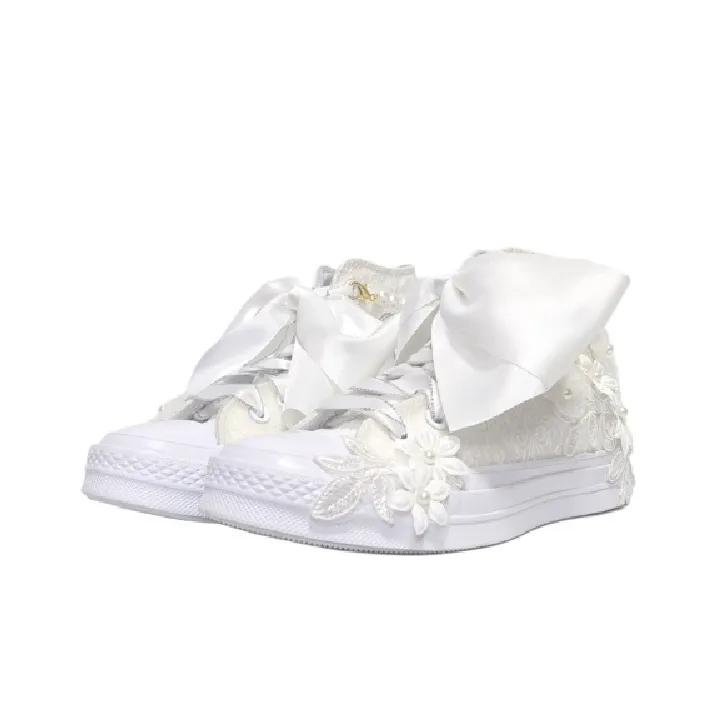 Custom Converse White Flower Embroidery Lace Pearls Wedding Shoes