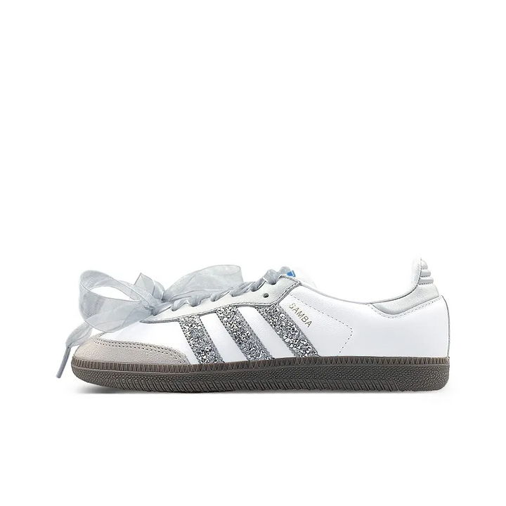 White Sliver Grey Diamonds Wedding Shoes - Adidas Samba Custom