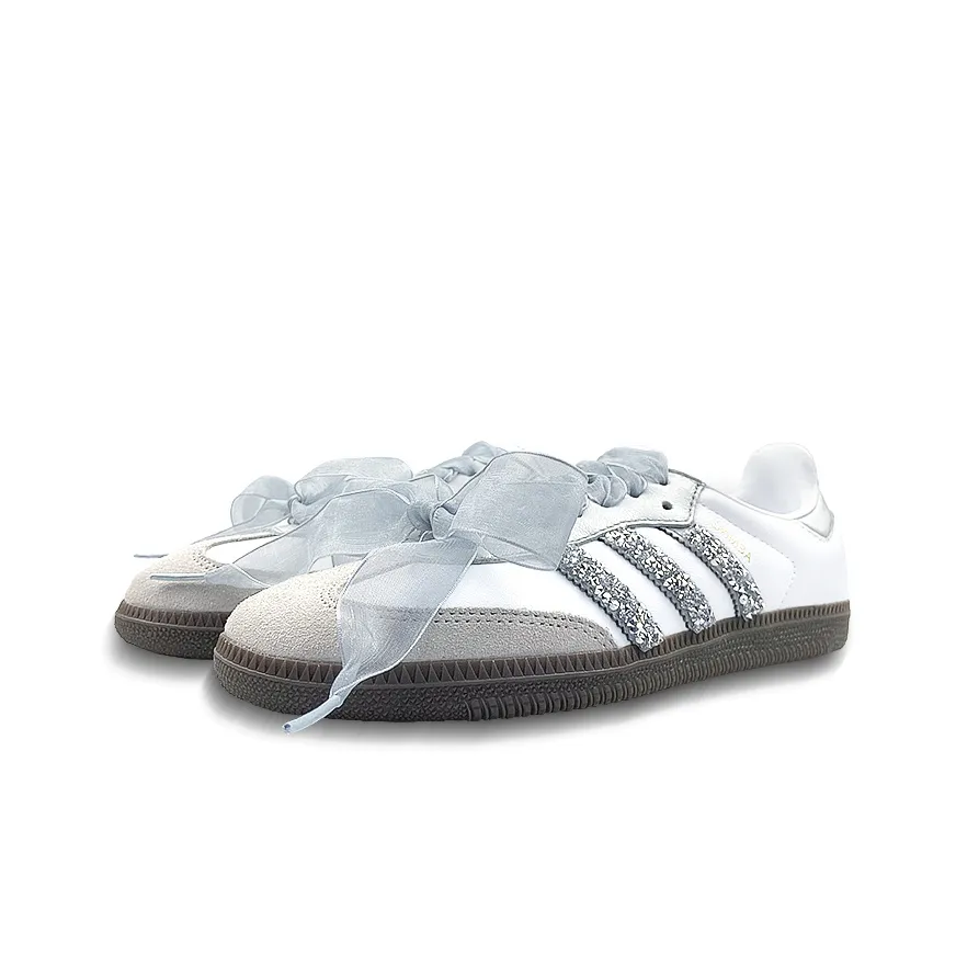 White Sliver Grey Diamonds Wedding Shoes - Adidas Samba Custom