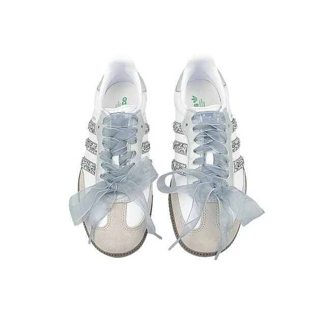 White Sliver Grey Diamonds Wedding Shoes - Adidas Samba Custom