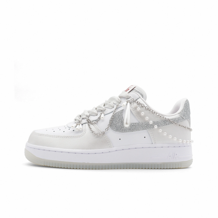 Custom Air Force 1 Light Beige Sliver-Grey Pearls Wedding Shoes