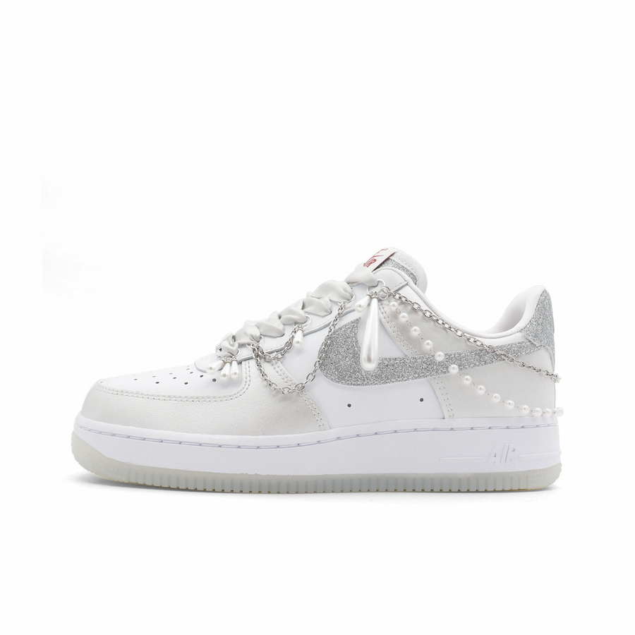 Custom Air Force 1 Light Beige Sliver-Grey Pearls Wedding Shoes
