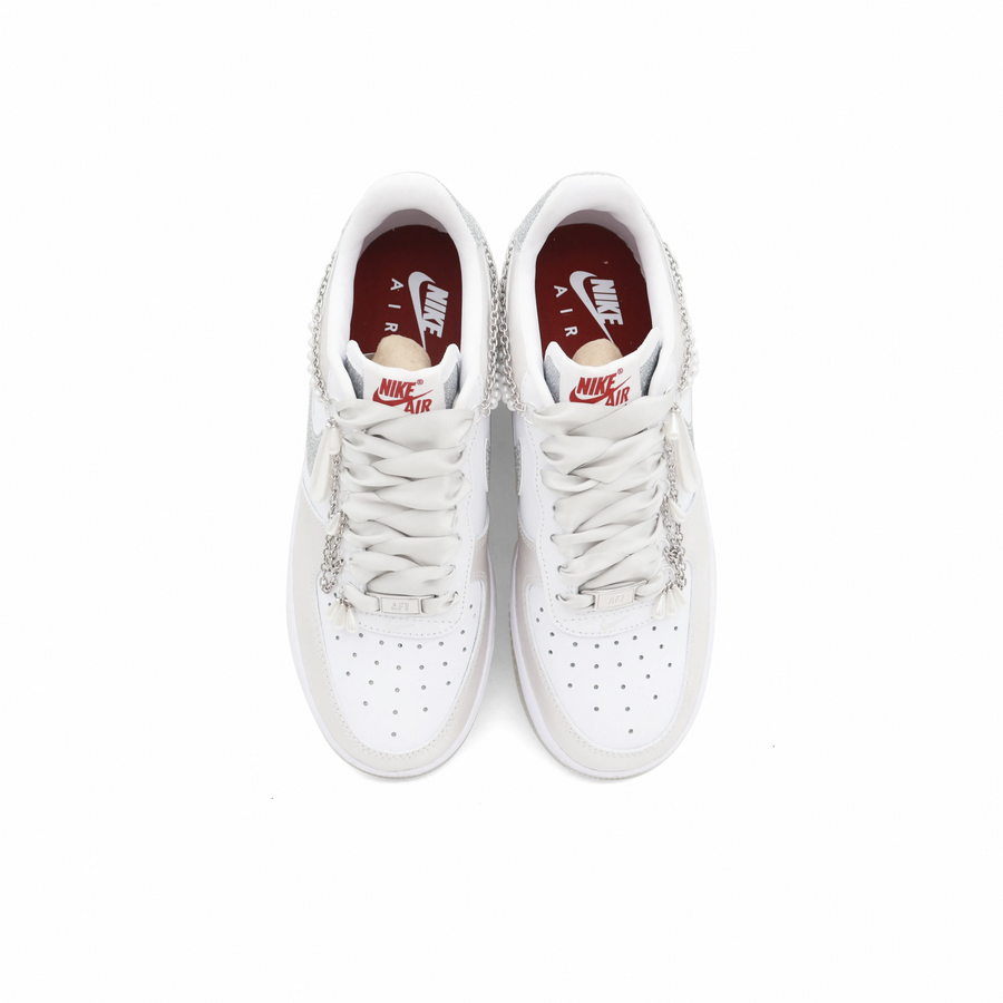 Custom Air Force 1 Light Beige Sliver-Grey Pearls Wedding Shoes