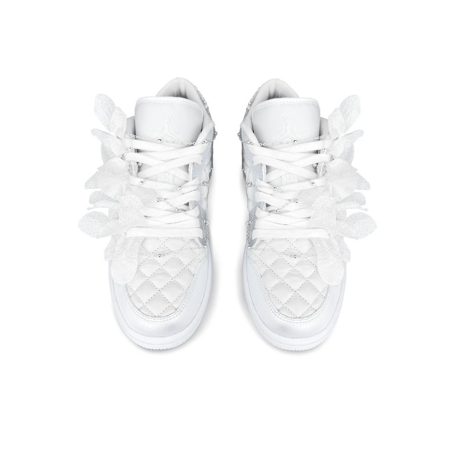 Custom Air Jordan 1 White Sliver Flowers Lace Metal Chain Wedding Shoes