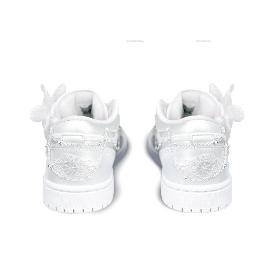 Custom Air Jordan 1 White Sliver Flowers Lace Metal Chain Wedding Shoes