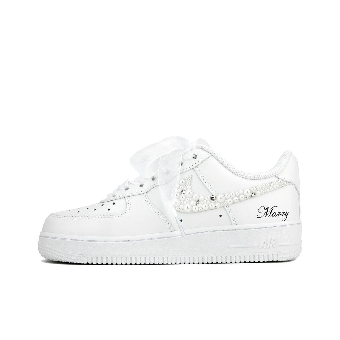 Custom Air Force 1 White Pearls Swoosh Wedding Shoes