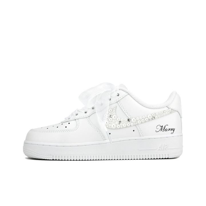 Custom Air Force 1 White Pearls Swoosh Wedding Shoes