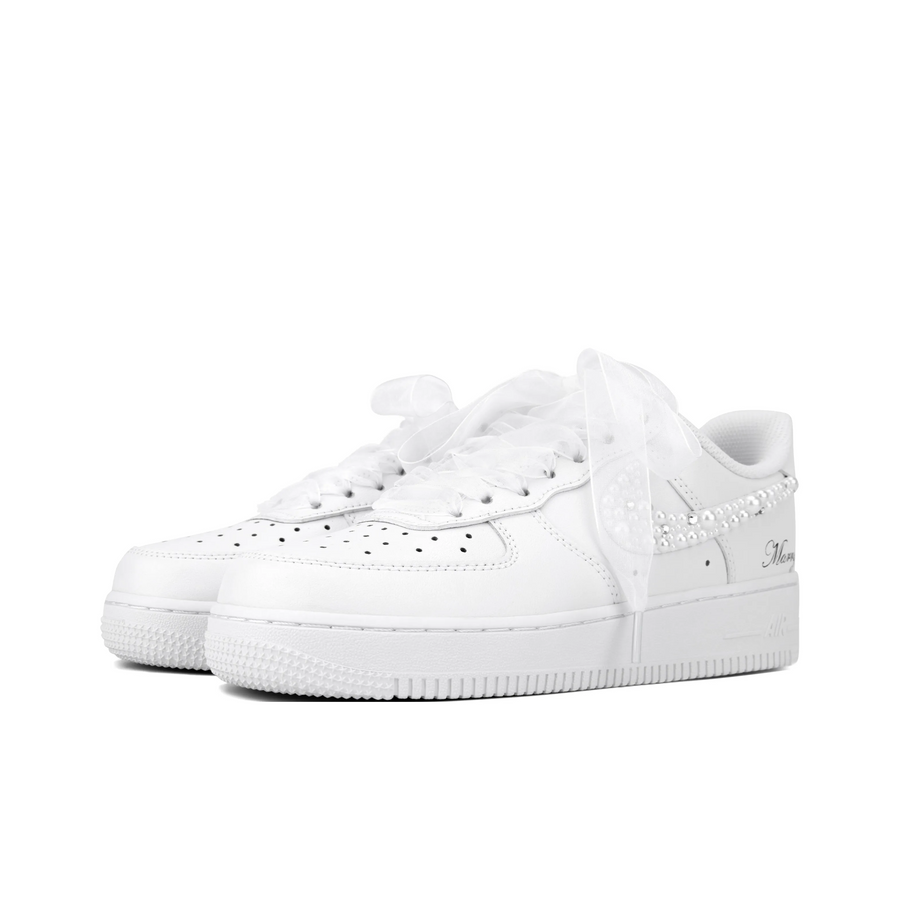 Custom Air Force 1 White Pearls Swoosh Wedding Shoes