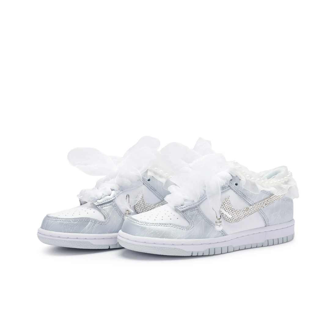 Custom Dunk Light Blue Diamonds Pearl Lace Wedding Shoes