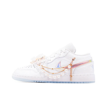 Custom Air Jordan 1 White Jelly Strips Swoosh Pearl Chain Wedding Shoes