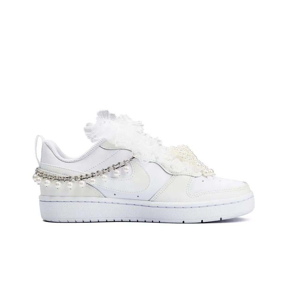 Custom Air Jordan 1 White Pearl Chain Lace Bow Wedding Shoes