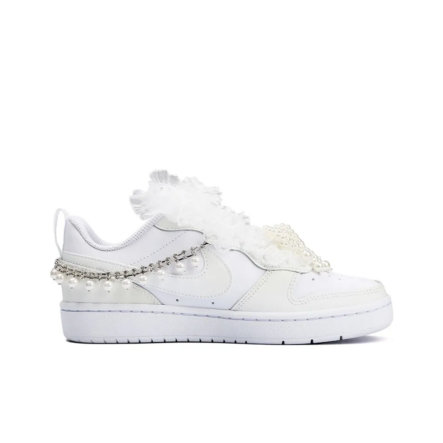 Custom Air Jordan 1 White Pearl Chain Lace Bow Wedding Shoes