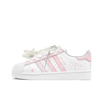 Custom Adidas Pink White Pearls Wedding Shoes